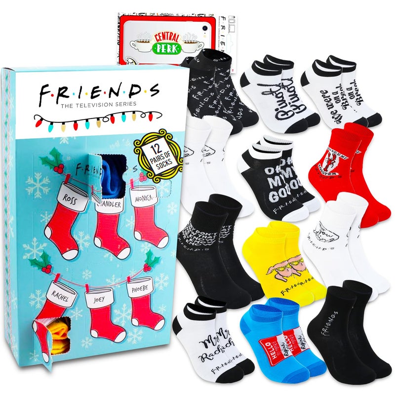 Friends Countdown Christmas Advent Calendar Socks Set  Bundle of 12 Pair of Socks for Adults  Decal  Friends Sock Box Set for Men Women