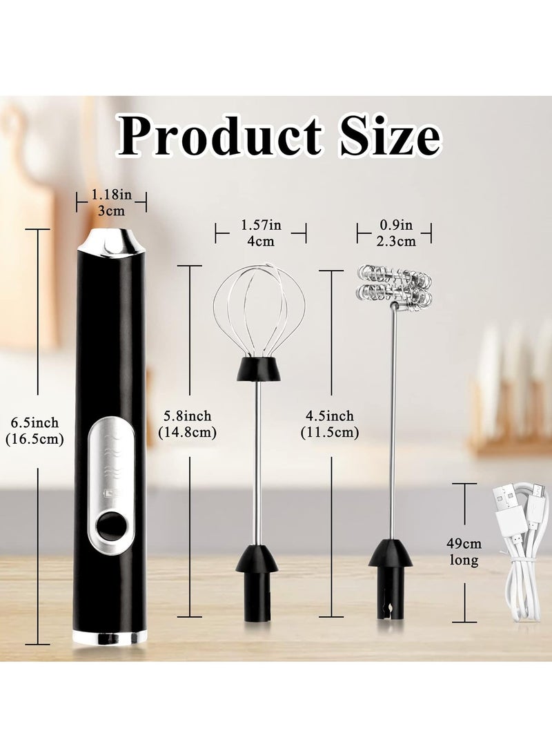 Electric Double Whisk Milk Frother Handheld Black USB Rechargeable Drink Mixer, 3 Speeds Adjustable Electric Whisk Foam Maker Detachable for Coffee, Lattes, Matcha, Hot Chocolate  - Image 2