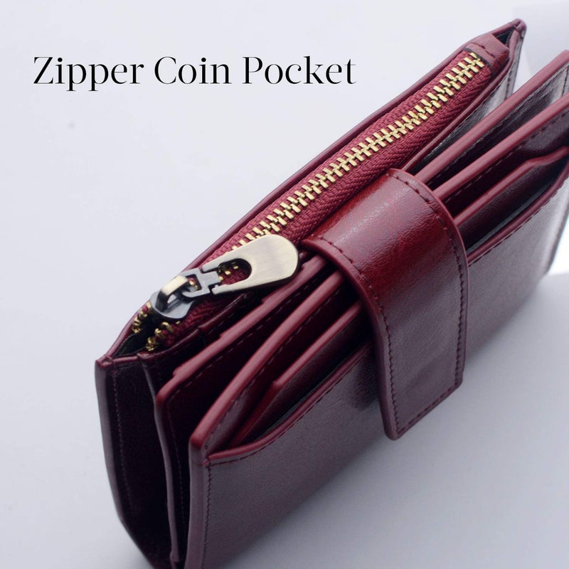 Bveyzi Women's Small Leather RFID Blocking Bifold Zipper Pocket Wallet Ladies Credit Card Slots Purse with id Window(Wine Red) - Image 4