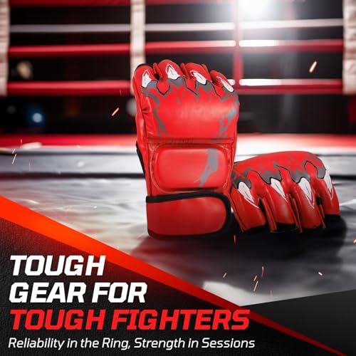 Flexzion Fingerless Boxing Gloves for MMA Kickboxing Karate Taekwondo - Adult Punching Gloves, Red - Image 2