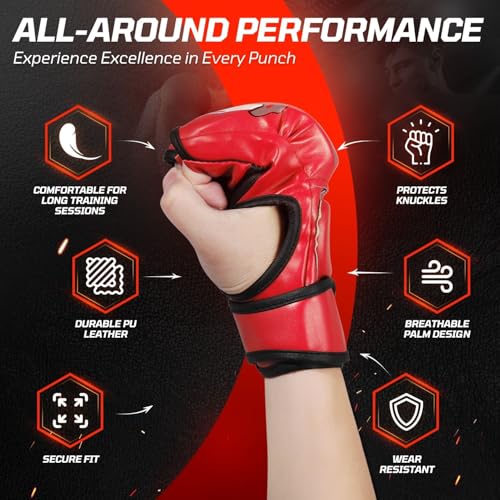 Flexzion Fingerless Boxing Gloves for MMA Kickboxing Karate Taekwondo - Adult Punching Gloves, Red - Image 4