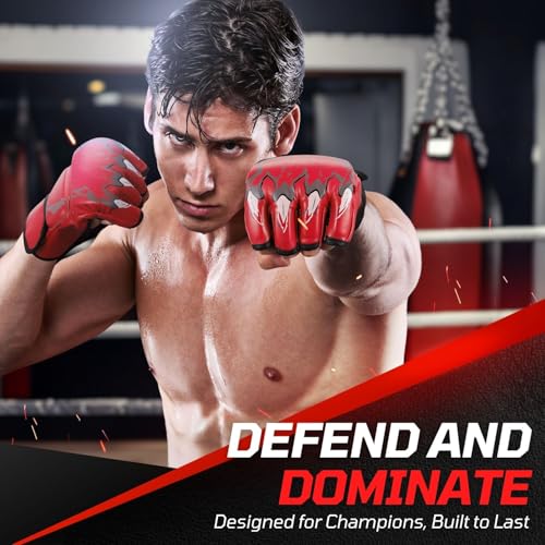 Flexzion Fingerless Boxing Gloves for MMA Kickboxing Karate Taekwondo - Adult Punching Gloves, Red - Image 3