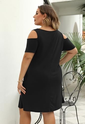 Nemidor Plus Size Dresses for Curvy Women Summer Casual Cold Shoulder T-Shirt Swing Short Sleeve Mini Dress with Pockets(133,24,Black) - Image 5