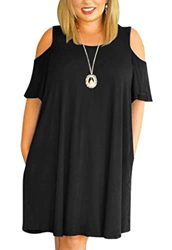 Nemidor Plus Size Dresses for Curvy Women Summer Casual Cold Shoulder T-Shirt Swing Short Sleeve Mini Dress with Pockets(133,24,Black) - Image 1