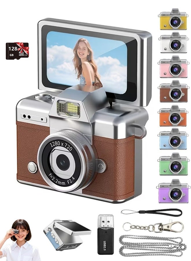 Makrystorm Mini Keychain Camera, 1080P Portable Digital Camera with 1.47” Flip LCD & Flash, Retro Collectible Pocket Camera for Travel, Parties, Birthday(Brown 128GB) - Image 1