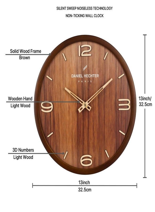 Daniel Hechter Paris Vienne Collection Wall Clock, Silent Sweep Non-Ticking, 13 Inch (32.5 cm) Wood-Grain Dial, Brown Wooden Frame, 3D Numbers, Decorative Clock for Home & Office - DHCL1005 - Image 3