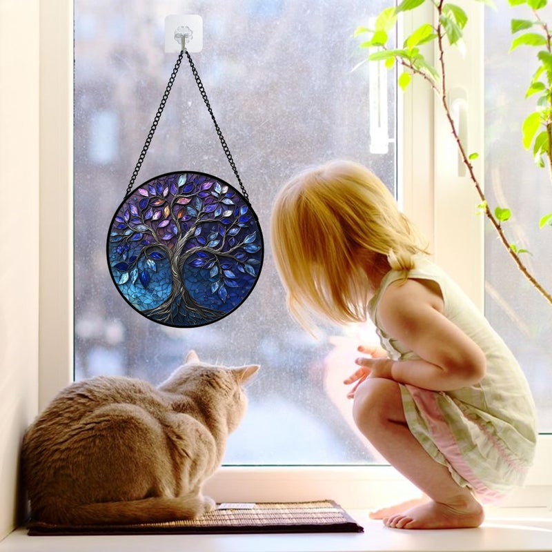 DASTOLL Stained Glass Window Hanging, Blue Purple Tree of Life Sun Catchers Colorful Glass Panel Plants Suncatcher Decor for Birthday for Women,Men,Wife, Lovers, and Mom 6.3 in - Image 2