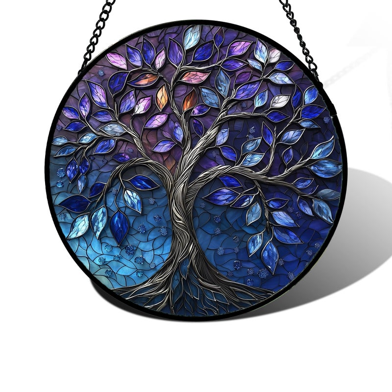 DASTOLL Stained Glass Window Hanging, Blue Purple Tree of Life Sun Catchers Colorful Glass Panel Plants Suncatcher Decor for Birthday for Women,Men,Wife, Lovers, and Mom 6.3 in - Image 1