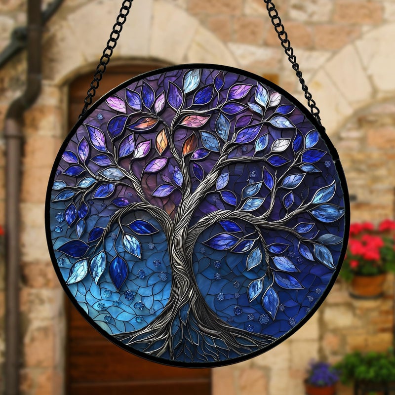 DASTOLL Stained Glass Window Hanging, Blue Purple Tree of Life Sun Catchers Colorful Glass Panel Plants Suncatcher Decor for Birthday for Women,Men,Wife, Lovers, and Mom 6.3 in - Image 4