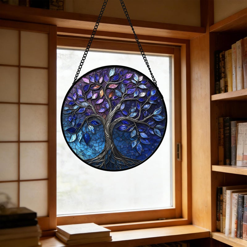 DASTOLL Stained Glass Window Hanging, Blue Purple Tree of Life Sun Catchers Colorful Glass Panel Plants Suncatcher Decor for Birthday for Women,Men,Wife, Lovers, and Mom 6.3 in - Image 5