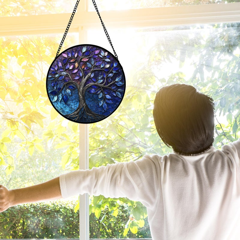 DASTOLL Stained Glass Window Hanging, Blue Purple Tree of Life Sun Catchers Colorful Glass Panel Plants Suncatcher Decor for Birthday for Women,Men,Wife, Lovers, and Mom 6.3 in - Image 3