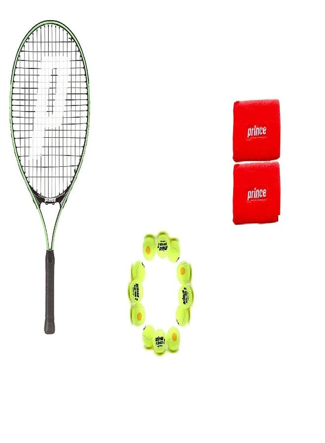 برنس مضرب تنس برينس تور 23 من الألومنيوم مع 12 كرة تنس برتقالية من المرحلة الثانية وسوار معصم أحمر/أبيض - Image 1