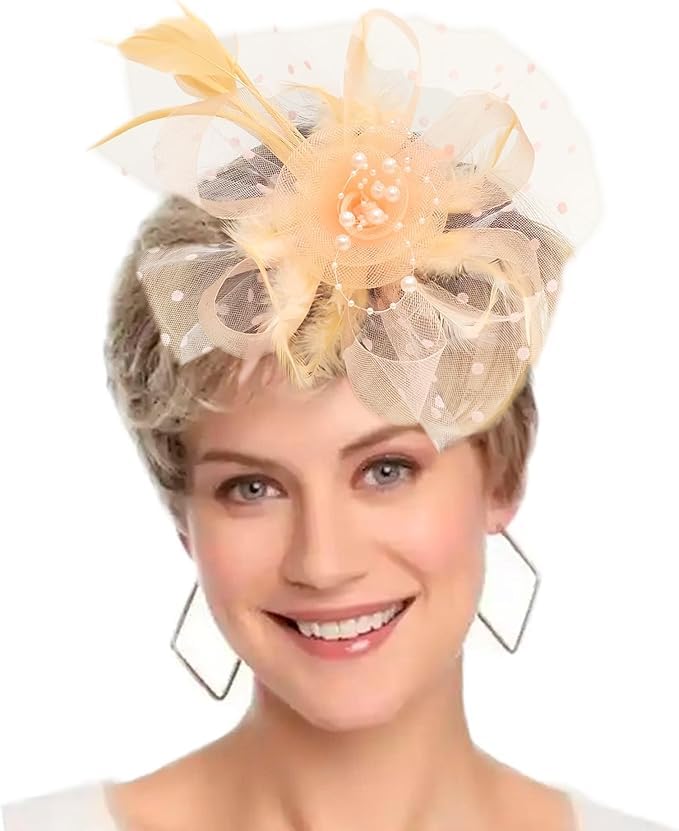 KICOFIT Fascinators Hats 20s 50s Hat Pillbox Hat Cocktail Tea Party Headwear with Veil for Girls and Women (US, Alpha, One Size, A-Champagne) - Image 1
