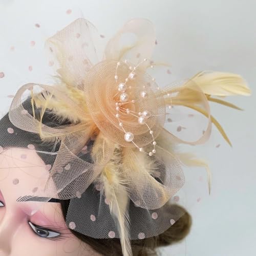 KICOFIT Fascinators Hats 20s 50s Hat Pillbox Hat Cocktail Tea Party Headwear with Veil for Girls and Women (US, Alpha, One Size, A-Champagne) - Image 4