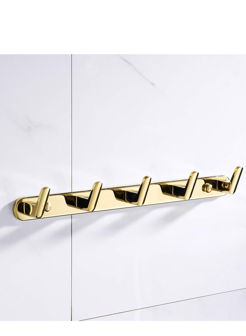 Y&D 5-Hook Coat Rack Rail Gold Polished Bathroom Towel Shelf Kitchen Hook Robe Hanger With 5 Fixed Hooks Solid Hand towel Space Saving Towels Holder Heavy Duty Wall Mount Stainless Steel  - Image 1