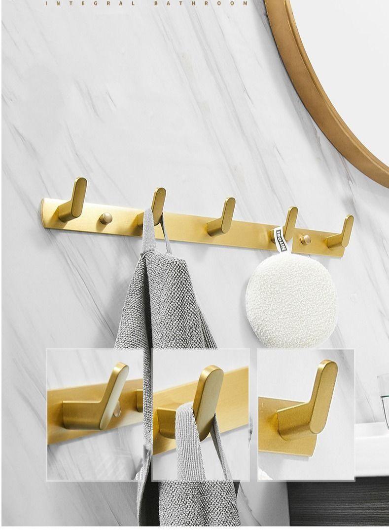 Y&D 5-Hook Coat Rack Rail Gold Polished Bathroom Towel Shelf Kitchen Hook Robe Hanger With 5 Fixed Hooks Solid Hand towel Space Saving Towels Holder Heavy Duty Wall Mount Stainless Steel  - Image 5