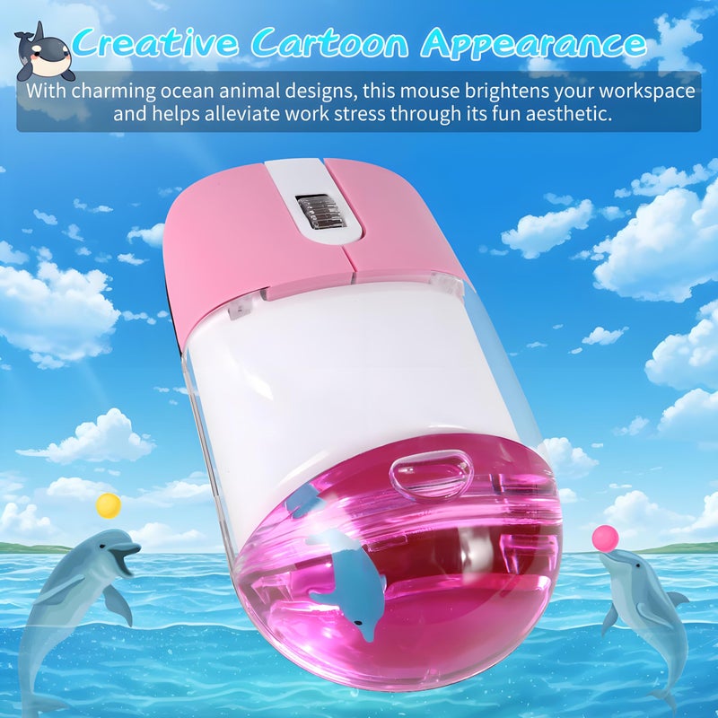 elec Space Wireless Mouse -Cute Clear Aqua Design, Water Mouse with Optical Precision, Silent Clicks, Lightweight & Floating Animal Transparent Retro Style for Home Office, Great for Kids & Adult(Dolphin-Pink) - Image 2