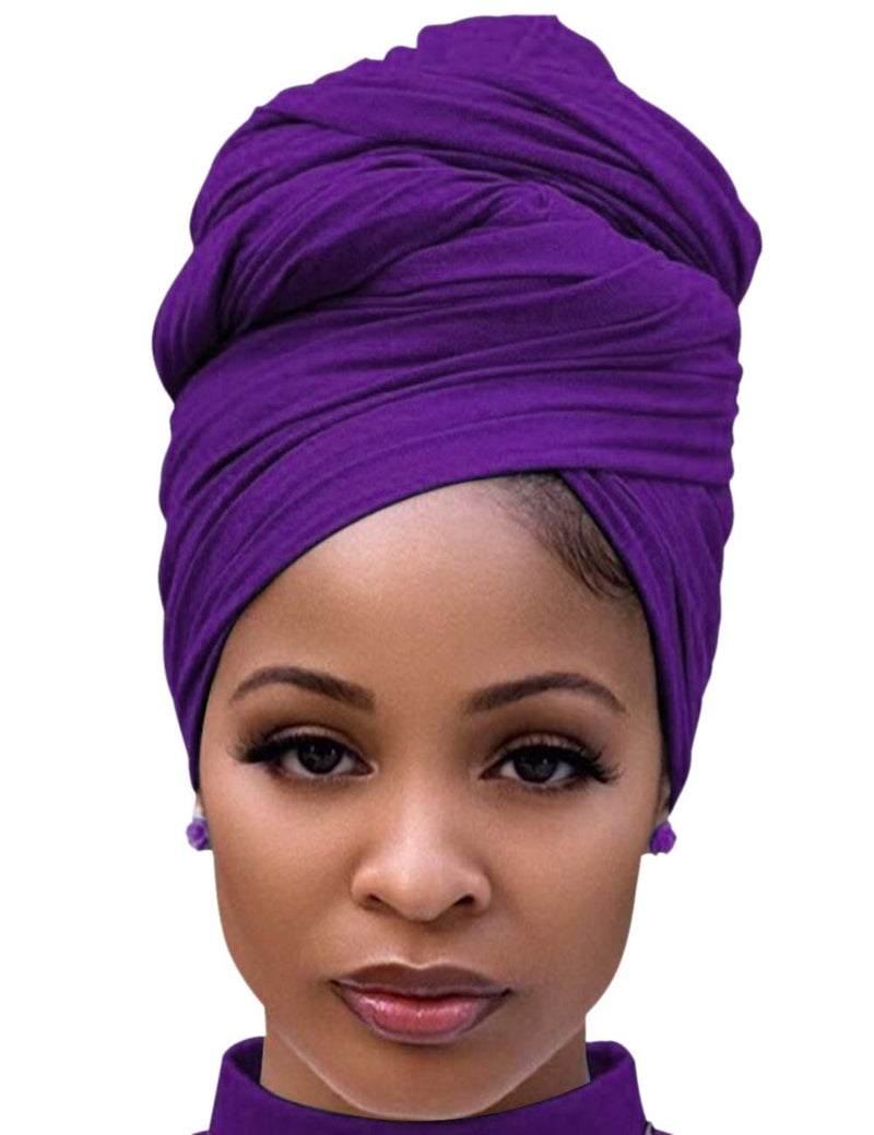 Harewom African Scarfs for Women Head Wraps Stretch Turban Jersey for High Ponytails or Bun Styles Headbands Purple - Image 1