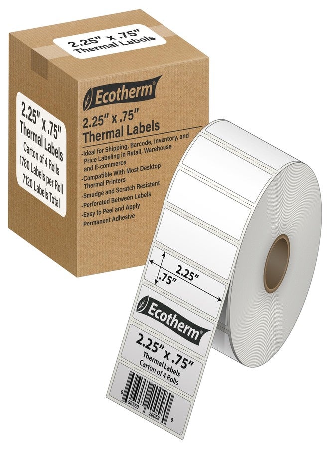Ecotherm ملصقات حرارية 2.25 بوصة × 0.75 بوصة | 4 لفات | 7120 ملصقًا | متوافقة مع طابعات الملصقات الحرارية من زيبرا، مونبين، رولو، جودكس، أركسكان، آي دي بي آر تي، أوفنوفا، وغيرها | ملصقات لاصقة بيضاء فارغة من إيكوثيرم - Image 1