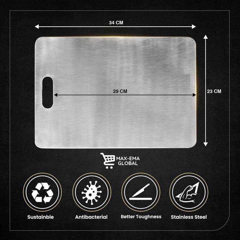 MAX-EMA GLOBAL لوح تقطيع من الفولاذ المقاوم للصدأ MAX-EMA 34x23 سم للمطبخ SUS 304 لوح تقطيع ثقيل للفاكهة والخضروات واللحوم آمن في غسالة الصحون، غير قابل للانزلاق، بتشطيب تيتانيوم - صغير - Image 3