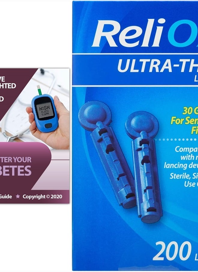 Idea Shop USA ReliOn Ultra-Thin Lancets, 30-Gauge, for Sensitive Fingers, 200 Ct Bundle with Exclusive "Look After Your Diabetes" - Better Idea Guide (2 Items)  - Image 1
