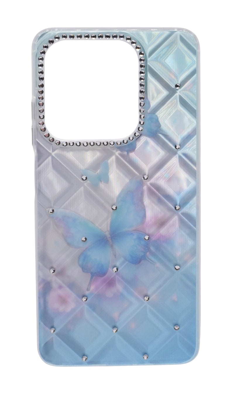 CFS TPU Butterflies Printed Back Cover Case with Rhinestone Camera Border For OPPO A3 - Light Blue Transparent - Image 1