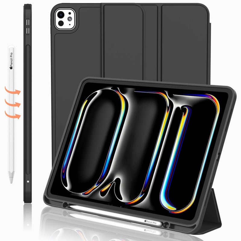 iMieet iPad Pro 13 Inch Case M4 2024 with Pencil Holder Trifold Stand Smart Case with Soft TPU Back Auto WakeSleep Black