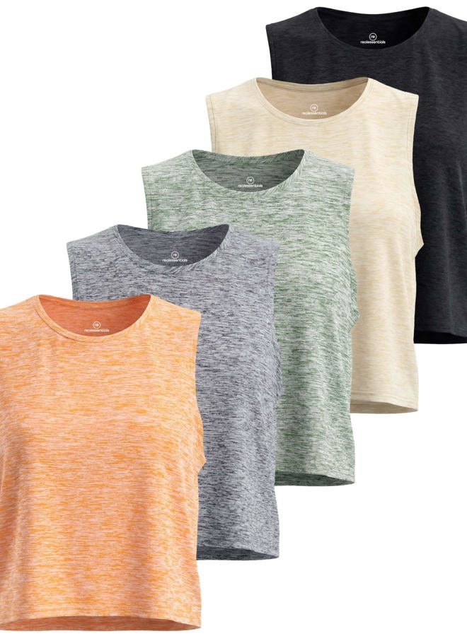 REALESSENTIALS 5-Pack: Women's Dry Fit Crop Summer Tank Top - Gym Yoga Workout Sports Tee Tank Tops for Women (Available in Plus Size), Set 4, S - Image 1