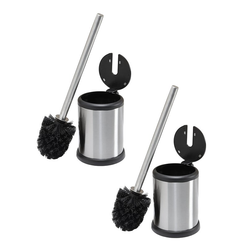 Bath Bliss Stainless Steel 2 Pack Self Closing Lid Toilet Brush and Holder Finger Print Proof Compact Small Space 69802PK Silver