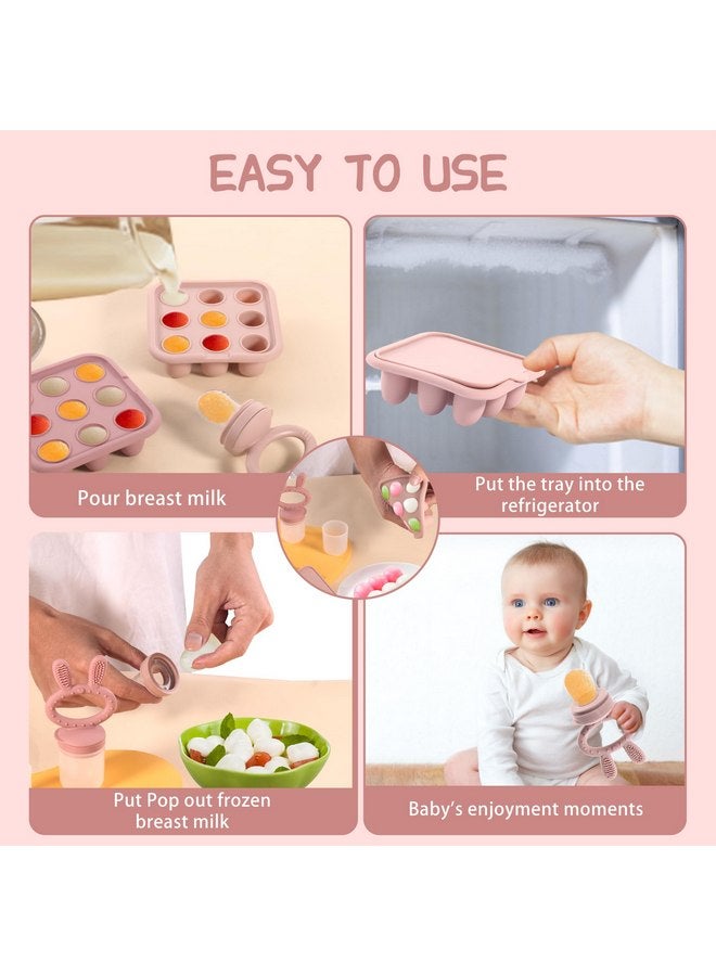 WAJIAYON Baby Breastmilk Popsicle Molds & Baby Fruit Feeder (4 Pack), Baby Food Freezer Tray Storage Containers, Silicone Teething Pacifier Feeder and Teether for Babies,Baby Feeder（Pink&Purple） - Image 4