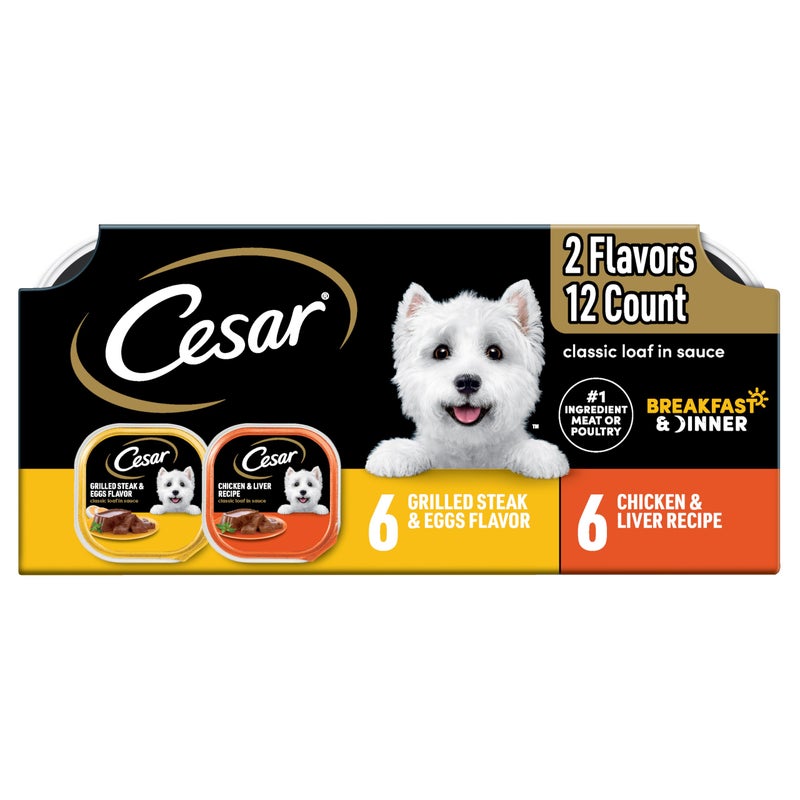 CESAR Adult Wet Dog Food Classic Loaf in Sauce Breakfast and Dinner Mealtime Variety Pack, 3.5 oz. Easy Peel Trays, Pack of 12 - Image 1