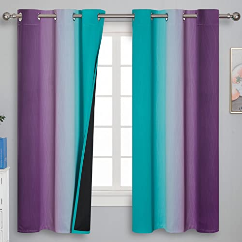 Teal and Purple Gradient Curtains 63 Inch Length 2 panels Ombre and Wavy Line Pattern Blackout Curtains for Kids Room Full Light Blocking Thermal Insulated Grommet Drapes for Bedroom 42x63 Inch