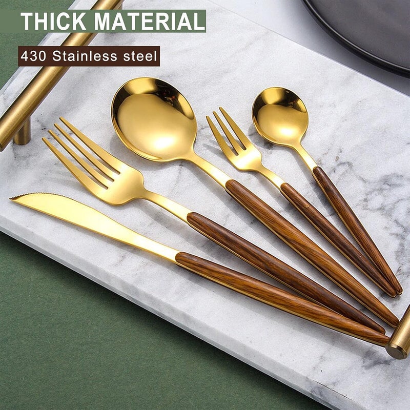 HomeAra 15Piece Silverware Set with Cake Fork Gold Stainless Steel Flatware Cutlery Set Eating Utensils Set with Wooden Effect Handle Include Knife Fork Spoon Mirror Polished Gold - Image 2
