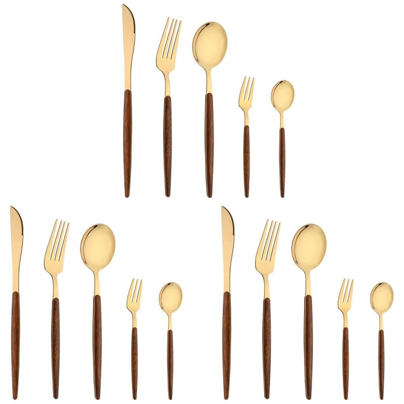 HomeAra 15Piece Silverware Set with Cake Fork Gold Stainless Steel Flatware Cutlery Set Eating Utensils Set with Wooden Effect Handle Include Knife Fork Spoon Mirror Polished Gold - Image 1