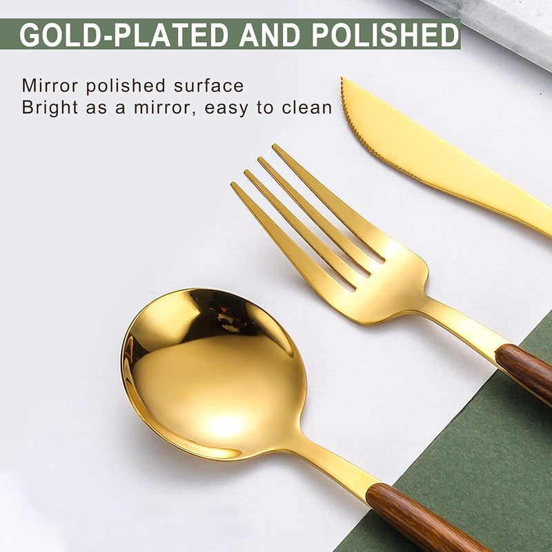 HomeAra 15Piece Silverware Set with Cake Fork Gold Stainless Steel Flatware Cutlery Set Eating Utensils Set with Wooden Effect Handle Include Knife Fork Spoon Mirror Polished Gold - Image 5