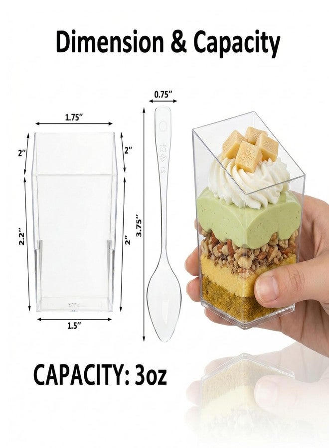 Okllen 100 Pack 3 Oz Mini Dessert Cups with Spoons, Clear Slanted Square Dessert Tumbler Thick Plastic Shot Glasses, Appetizer Parfait Cups Small Serving Bowls for Ice Cream, Puddings, Tasting Party - Image 2