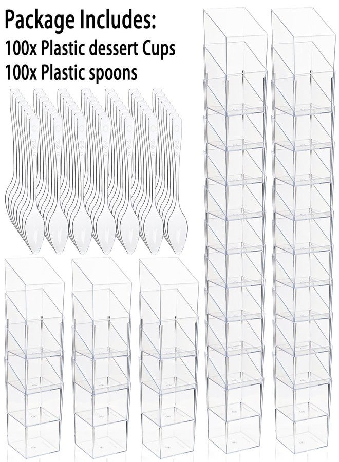 Okllen 100 Pack 3 Oz Mini Dessert Cups with Spoons, Clear Slanted Square Dessert Tumbler Thick Plastic Shot Glasses, Appetizer Parfait Cups Small Serving Bowls for Ice Cream, Puddings, Tasting Party - Image 3