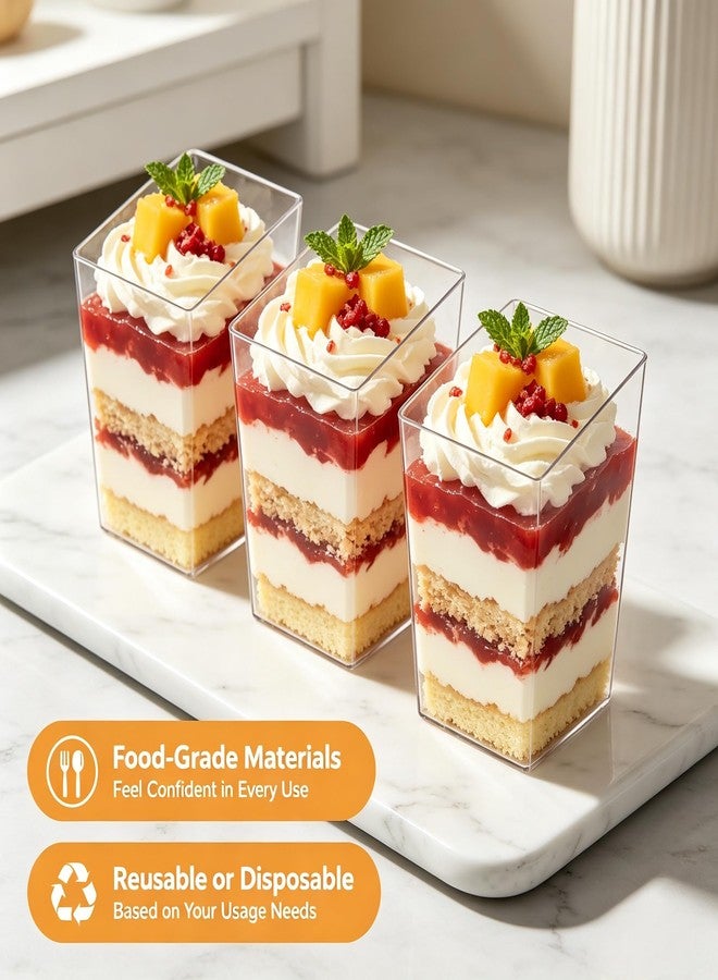 Okllen 100 Pack 3 Oz Mini Dessert Cups with Spoons, Clear Slanted Square Dessert Tumbler Thick Plastic Shot Glasses, Appetizer Parfait Cups Small Serving Bowls for Ice Cream, Puddings, Tasting Party - Image 4