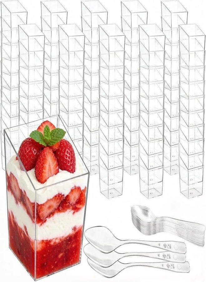 Okllen 100 Pack 3 Oz Mini Dessert Cups with Spoons, Clear Slanted Square Dessert Tumbler Thick Plastic Shot Glasses, Appetizer Parfait Cups Small Serving Bowls for Ice Cream, Puddings, Tasting Party - Image 1