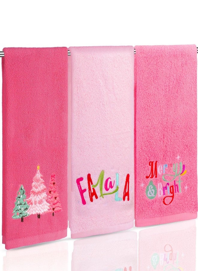 Breling 3 Pcs Pink Christmas Towels for Bathroom Embroidered Merry and Bright Xmas Tree Falala Hand Towels 13.7''x29.5'' 100% Cotton Absorbent Jacquard Weave Bath Winter Holiday Bathroom Decor Gifts - Image 1
