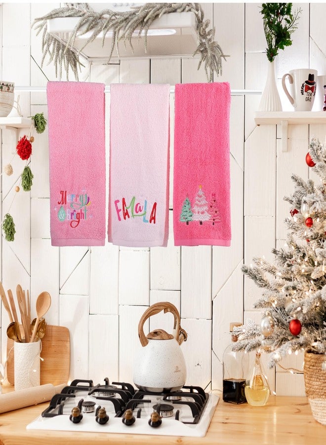 Breling 3 Pcs Pink Christmas Towels for Bathroom Embroidered Merry and Bright Xmas Tree Falala Hand Towels 13.7''x29.5'' 100% Cotton Absorbent Jacquard Weave Bath Winter Holiday Bathroom Decor Gifts - Image 4