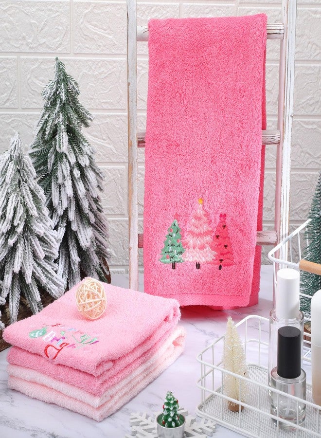 Breling 3 Pcs Pink Christmas Towels for Bathroom Embroidered Merry and Bright Xmas Tree Falala Hand Towels 13.7''x29.5'' 100% Cotton Absorbent Jacquard Weave Bath Winter Holiday Bathroom Decor Gifts - Image 3