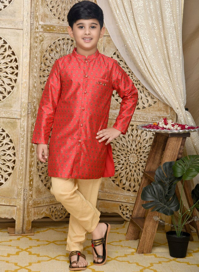 Saka Designs Boys Red Chanderi Silk Kurta with Pyjamas - Image 1