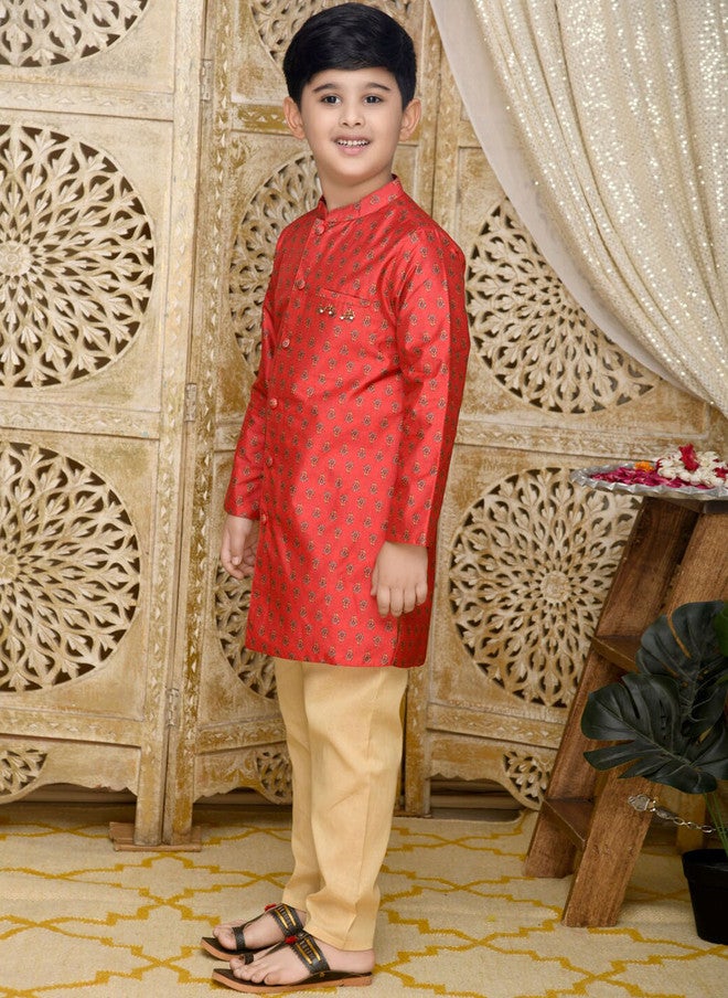 Saka Designs Boys Red Chanderi Silk Kurta with Pyjamas - Image 5