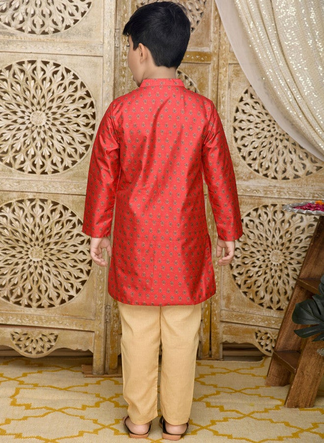 Saka Designs Boys Red Chanderi Silk Kurta with Pyjamas - Image 4