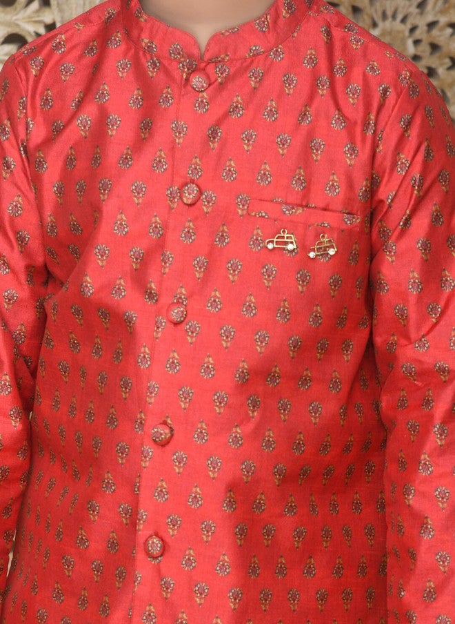 Saka Designs Boys Red Chanderi Silk Kurta with Pyjamas - Image 2