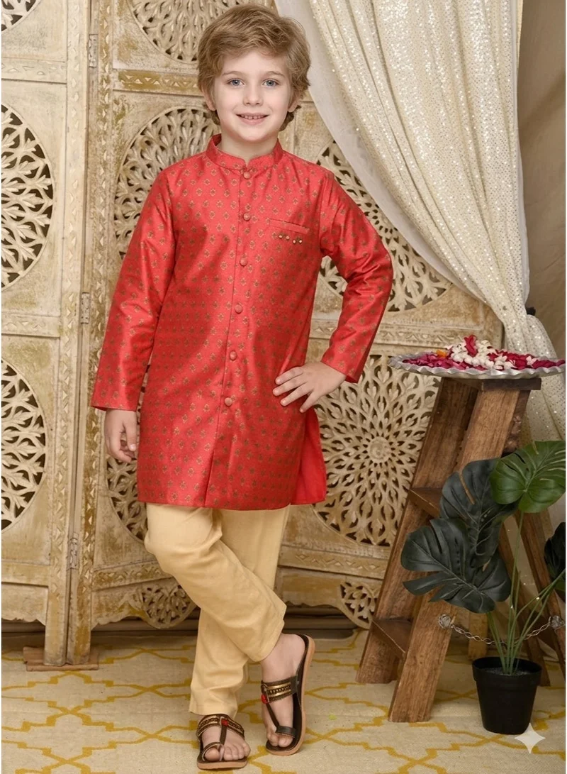 Saka Designs Boys Red Chanderi Silk Kurta with Pyjamas