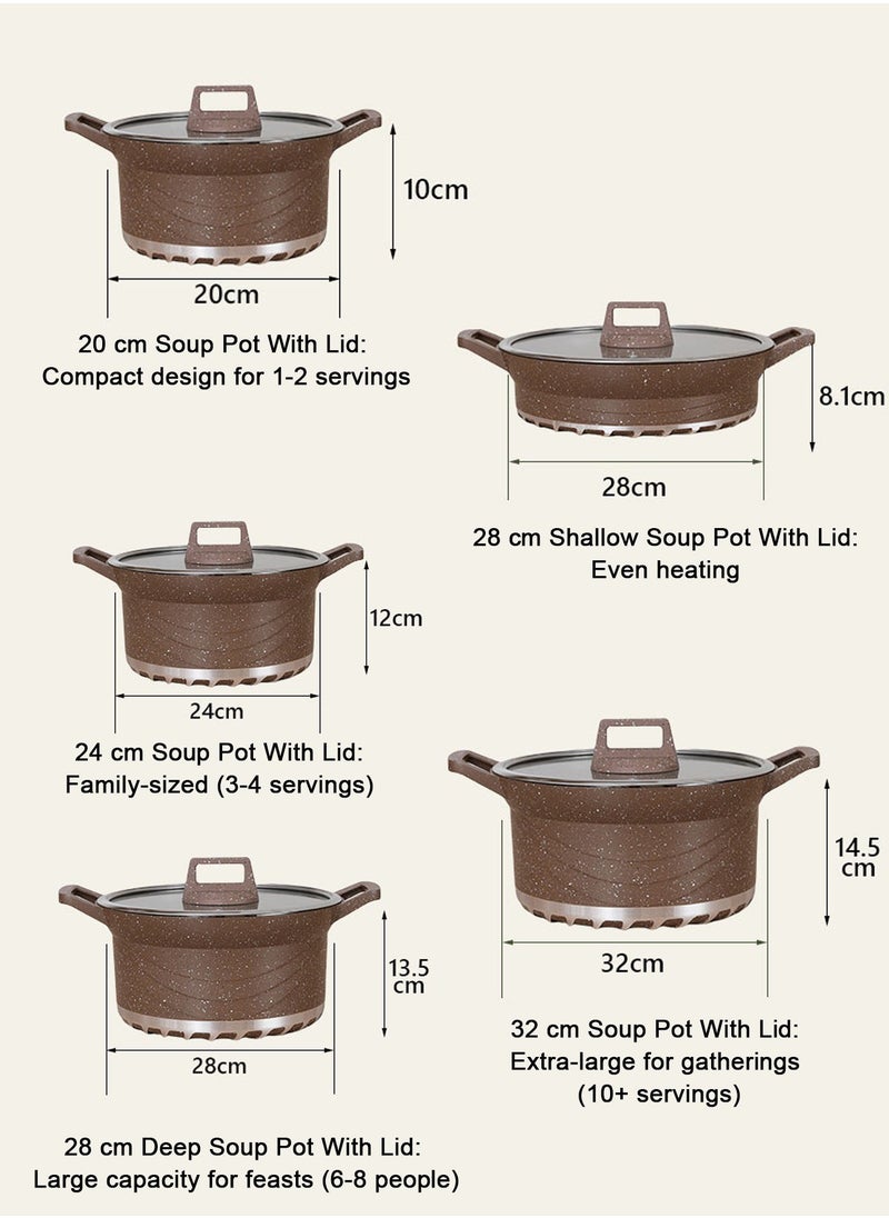 X spring 20-Piece Nonstick Cookware Set, 20-24-28-32cm Deep Stockpots + 28cm Shallow Stockpot with Glass Lids, Anti-Scalding Clips, Apron, Insulating Pads & Measuring Spoons (PFOA-Free, Brown)  - Image 2