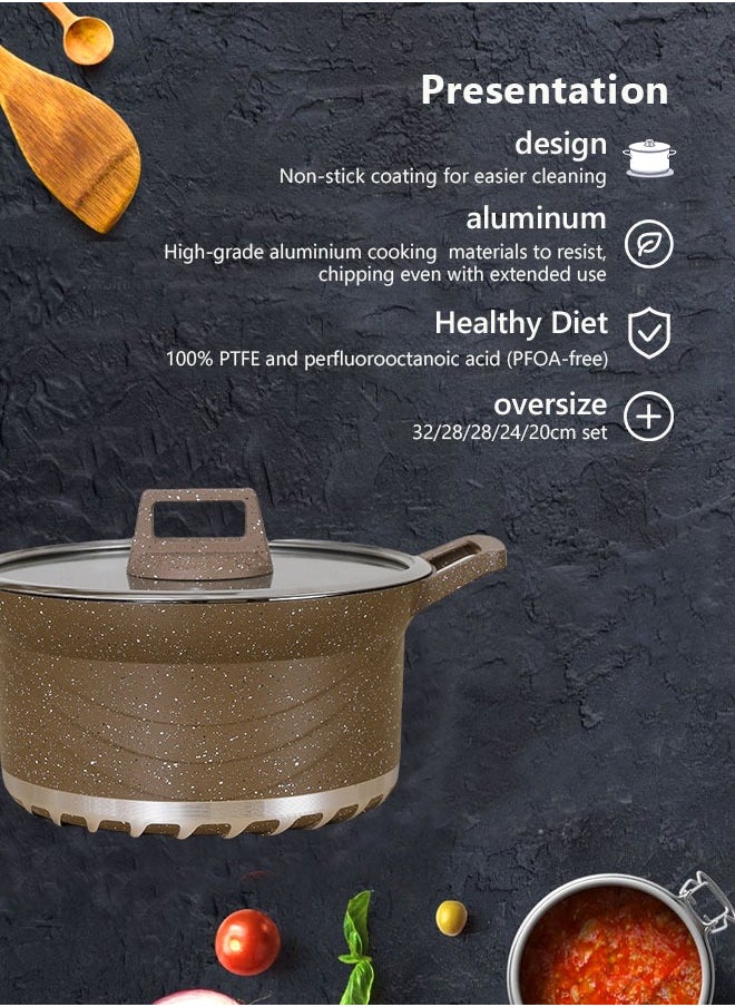 X spring 20-Piece Nonstick Cookware Set, 20-24-28-32cm Deep Stockpots + 28cm Shallow Stockpot with Glass Lids, Anti-Scalding Clips, Apron, Insulating Pads & Measuring Spoons (PFOA-Free, Brown)  - Image 5