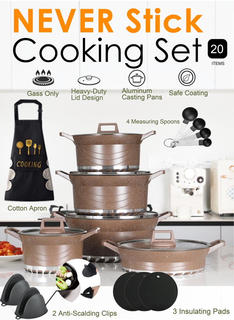 X spring 20-Piece Nonstick Cookware Set, 20-24-28-32cm Deep Stockpots + 28cm Shallow Stockpot with Glass Lids, Anti-Scalding Clips, Apron, Insulating Pads & Measuring Spoons (PFOA-Free, Brown)  - Image 1